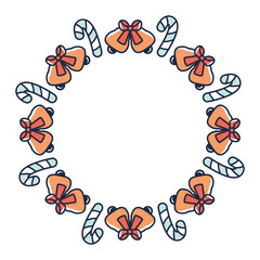 Christmas wreath isolated on white background. Xmas winter festive frame. New year border. Circular sticker with Christmas joys, bells, candy. Vector illustration for invitations, packaging, cards