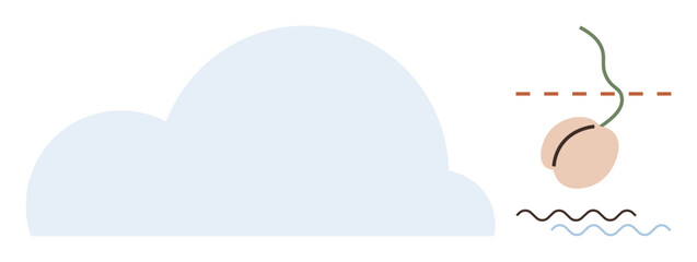 Light cloud shape beside sprouting seed just breaking soil surface with subtle waves. Ideal for growth, sustainability, agriculture, nature, environment, beginnings, and renewal. Minimal flat