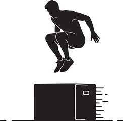 Silhouette illustration of a man performing a box jump, a plyometric exercise for fitness training, workout, and physical strength. Ideal for health and sports concepts.