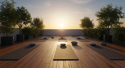 Obraz premium Yoga mats and meditation stones on a wooden rooftop terrace at sunset with potted trees and plants around