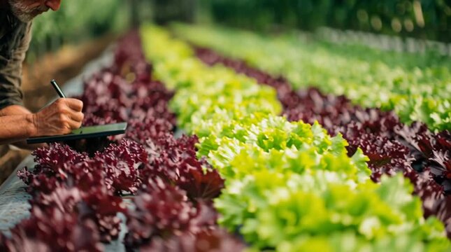 Man inspecting lettuce rows in a greenhouse while taking notes on a tablet for crop management system