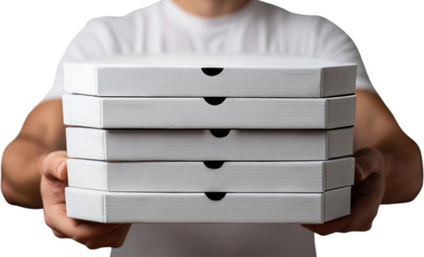 Man holding stack of pizza boxes in front view. Isolated on transparent background.