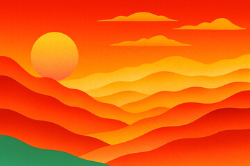 Abstract sunset landscape with glowing sun, layered hills, and gradient sky—vivid background for nature-inspired, artistic, and creative design applications