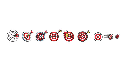 Collection of bullseye target icons with arrows, illustrating different stages of aiming and hitting the mark, from initial shot to bullseye success and even a shattered target, presented in a clean