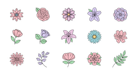 Set of 15 delicate and charming feminine floral illustrations in pastel colors, featuring a variety of flowers like roses, lilies, and daisies, along with a leafy branch, presented as clean vector