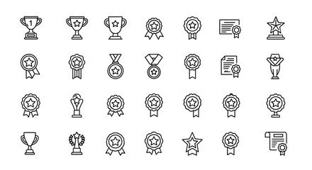 Collection of 30 editable stroke line icons representing awards, trophies, medals, and certificates, perfect for graphic design projects, symbolizing achievement, success, and recognition on a clean