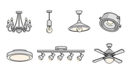 Collection of six diverse ceiling light fixtures, including a classic chandelier, a modern pendant light with exposed bulb, a retro-style industrial pendant, a recessed spotlight, a flush mount