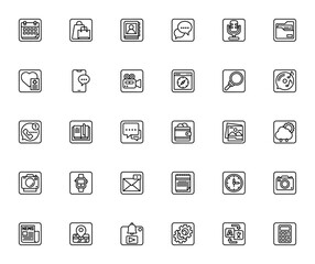 Home Screen Apps icon set. Minimal vector icons pack Includes Calendar, Shoppig, Contacts, Podcast, Weater, Camera, Music, Maps an more. Editable stroke.