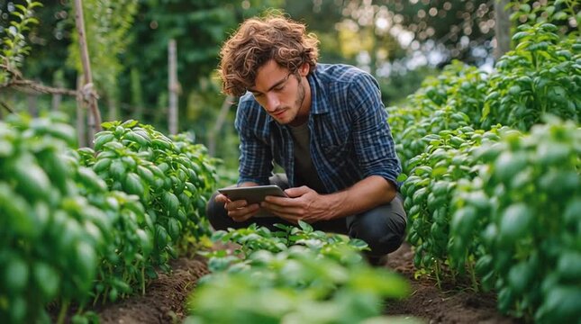 Man with tablet inspecting basil plants in garden wearing plaid shirt and dark pants outdoors