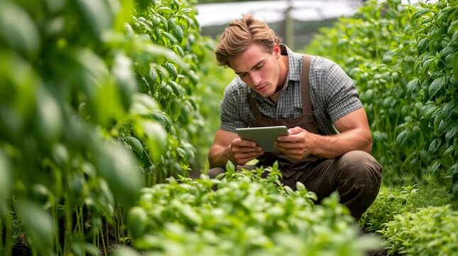Man crouching in basil field using tablet for smart farming and crop management in greenhouse farm