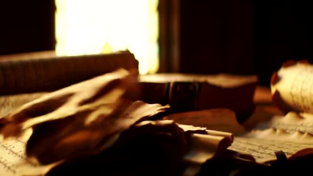 Ancient scrolls and documents illuminated by a warm, flickering fire, suggesting a historical or scholarly setting.