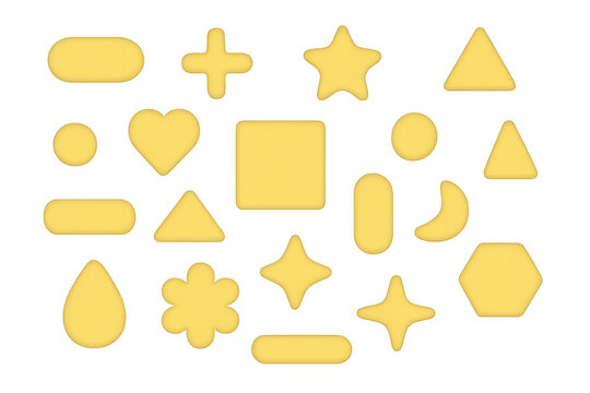 Yellow geometric shapes set offering diverse forms like stars, hearts, circles, and triangles for playful design