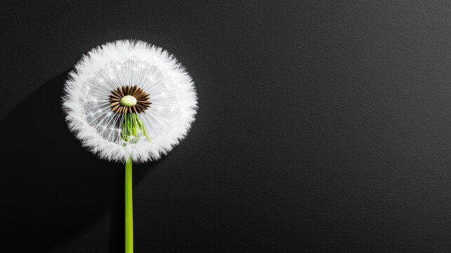 Dandelion seed head standing on deep black background, copy space