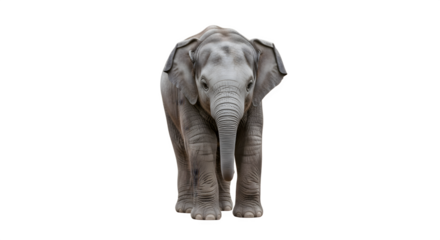 Baby elephant standing facing forward isolated on white background.