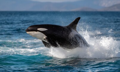 Fototapeta premium majestic orca breaching high out of the ocean