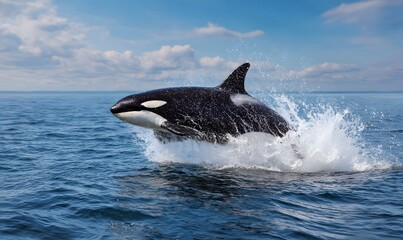 Fototapeta premium majestic orca breaching high out of the ocean
