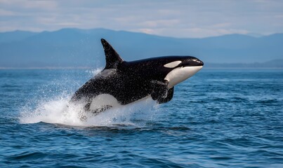 Fototapeta premium majestic orca breaching high out of the ocean