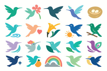 Colorful Hummingbird and Nature Icons Collection