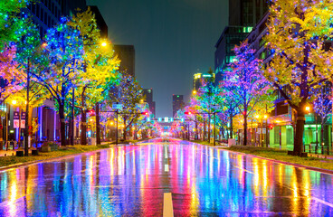 イルミネーションに照らされる雨の御堂筋