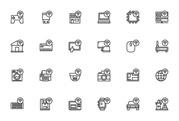 Connection technology icon set. Vector illustration.Includes symbols for game ontroller, laptop, router,smartwatch, server, USB drve, chip, camera and more.Editable stroke.