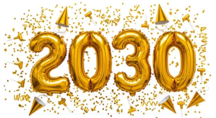 Golden 2030 Balloons and Confetti Celebration on Black Background new year isolated on a transparent background