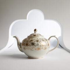 A white porcelain teapot with gold floral pattern, isolated on a cut out background.
