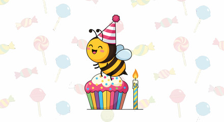 Naklejka premium Cute cartoon bee celebrating birthday with a cupcake and party hat, whimsical illustration