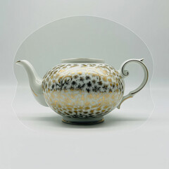 A white porcelain teapot with gold floral pattern, isolated on a cut out background.