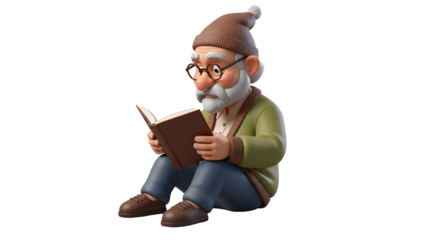 Elderly gnome engrossed in book reading.