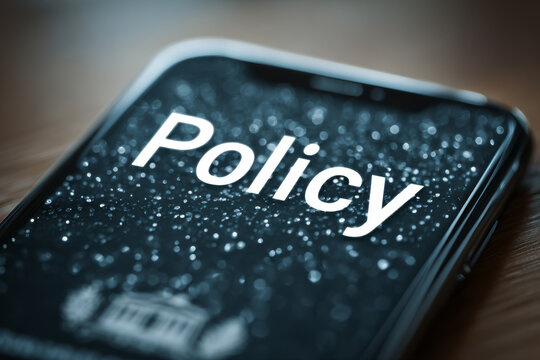 Close-up of a smartphone displaying the word “Policy” with a government building icon, symbolizing digital governance, regulation, and online administration.