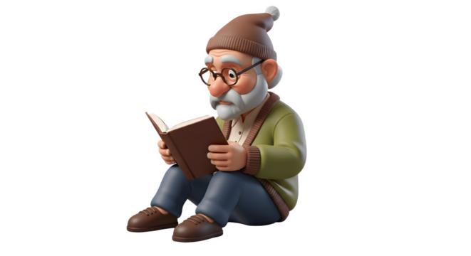 Elderly gnome engrossed in book reading.