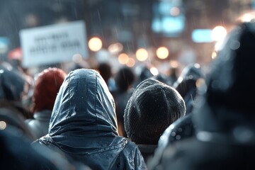 Obraz premium A group of people in raincoats gathered in a rainy setting, with some holding signs.