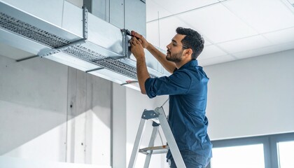HVAC Professional Inspecting Ceiling Vents in Office