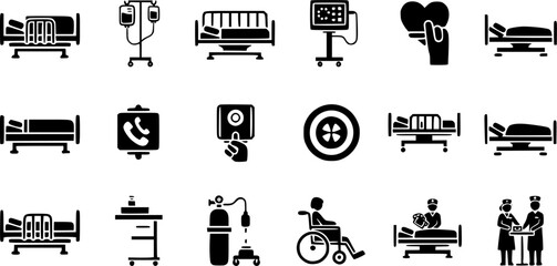 Hospital Bed Icons: Medical Equipment and Patient Care Illustrations
