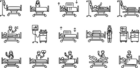 Hospital Bed Icons: Medical Equipment and Patient Care Illustrations
