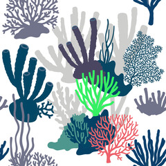 Vibrant aquatic marine life illustration featuring various underwater corals and sponges in a playful seamless pattern design