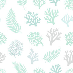 Oceanic Serenity Seamless Pattern featuring diverse corals and aquatic plants in tranquil pastel tones, perfect for modern design projects