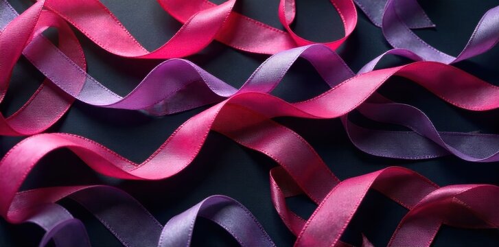 Delicate bridal ribbon abstract Abstract, top down view of wisps of very fine, sheer chiffon ribbons in soft pastel pink and lavender, arranged in gentle, overlapping layers. Soft, diffused lighting