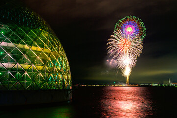 大阪南港の夜景と万博花火