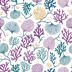 Vibrant Underwater Marine Life Seamless Pattern with Colorful Coral Reef and Elegant Pearls on White Background