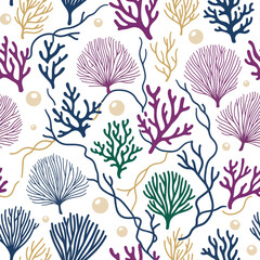 Exquisite underwater seamless pattern with vibrant coral, delicate seaweed, and lustrous pearls, perfect for ocean themes