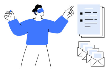 Man pointing at a checklist with completed tasks beside a stack of emails. Ideal for productivity, organization, task management, email communication, workflow optimization, reminders, business