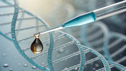 Therapy genetics advance research concept showing pipette dropping liquid onto DNA strand evoking discovery and hope in clinical laboratory setting