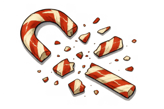 Broken candy cane shattering into pieces, symbolizing disappointment, failure, and end of christmas joy