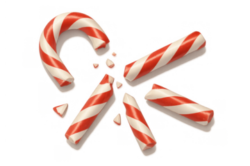 Broken candy cane pieces scattering, symbolizing disappointment and shattered holiday expectations on transparent background