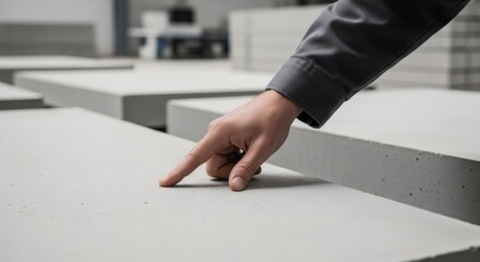 Skilled hand inspects smooth concrete slab for quality control in industrial setting