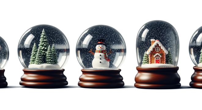 Festive Winter Wonderland Snow Globes Collection. Transparent background PNG