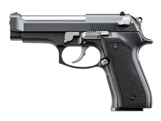 A semi-automatic pistol featuring a metallic body and black textured grips, showcasing its firearm components and design.