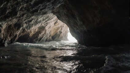 Obraz premium A dark cavern mouth opens to sunlight reflecting on choppy water