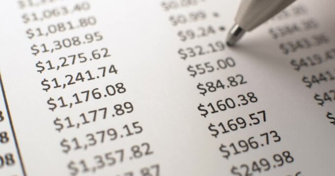 Examining financial information documents with dollar values. Marking paperwork with a pen and circling important information. Detailed accounting used for profit or loss, expenses, or home budgeting